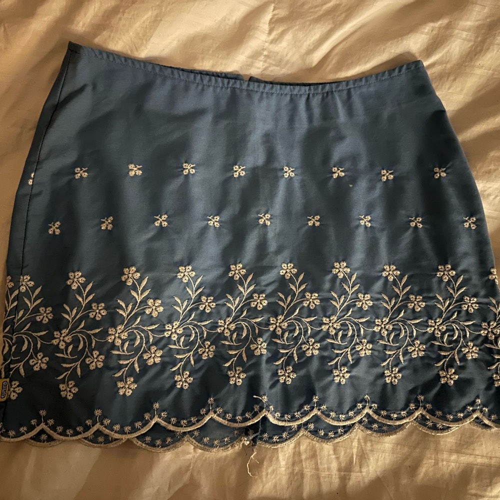 Dawls blue floral embroidered mini skater skirt